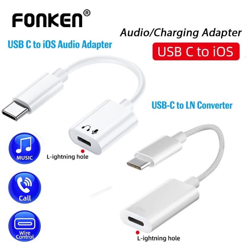 Adaptador de áudio para fone de ouvido feminino iOS do tipo macho USB-C para conector de cabo de carregamento e