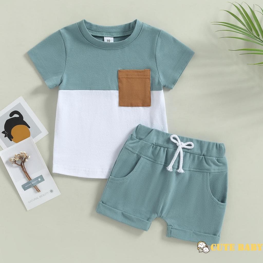 Conjuntos De Verão Para Infantil Bebê Meninos, Manga Curta Tops De Cor Contrastante Com Shorts De Cor Sólida,0-3 Anos