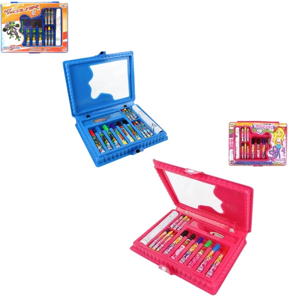 Estojo Maleta Escolar Pintura Infantil 33 Peças Canetinha Colorir Menino Menina Masculino Feminino Azul Rosa Pintura