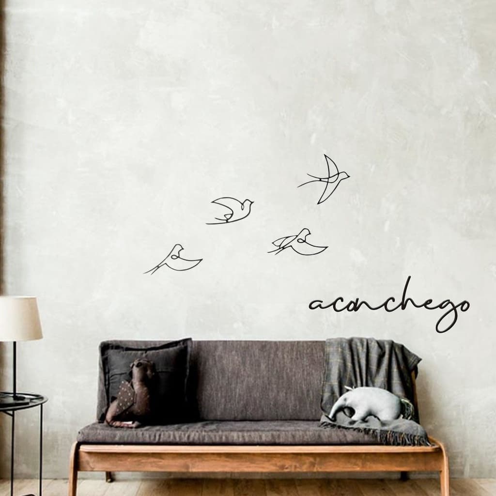 Escultura 4 passaros minimalista vazado + frase de parede aconchego mdf decorativo