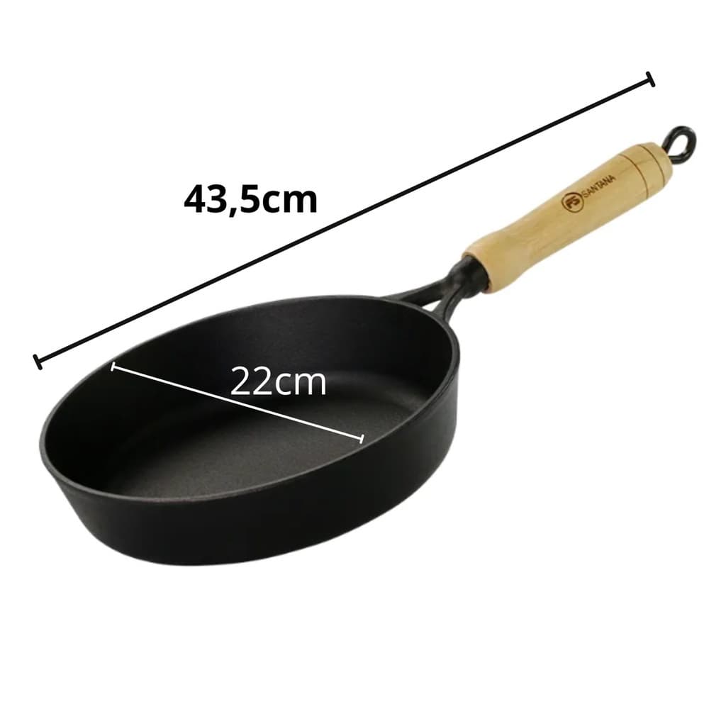 Frigideira de ferro fundido 22 cm alta lisa com cabo de madeira