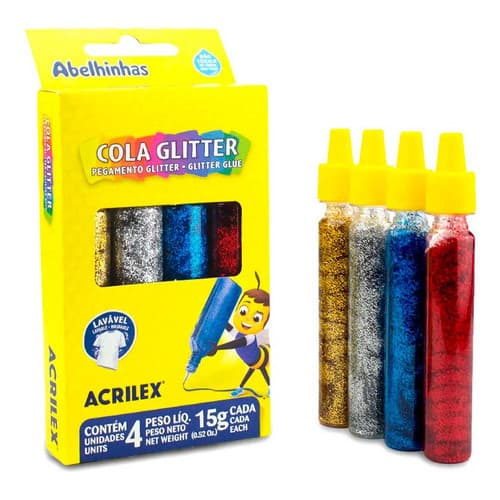 Cola Líquida Glitter Colorido 4 Cores 15g Abelhinha Acrile