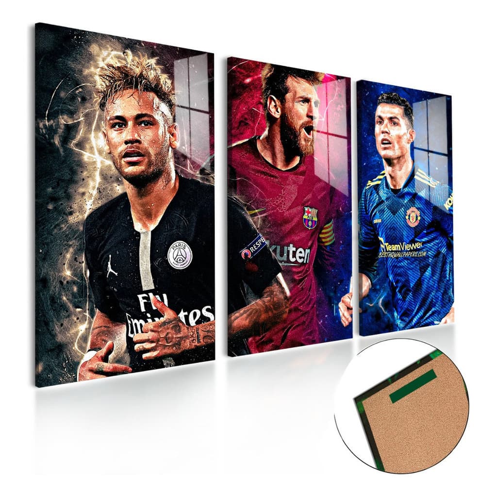 Kit 3 quadros decorativos trio típticos mosaico futebol astros Neymar cr7 Messi