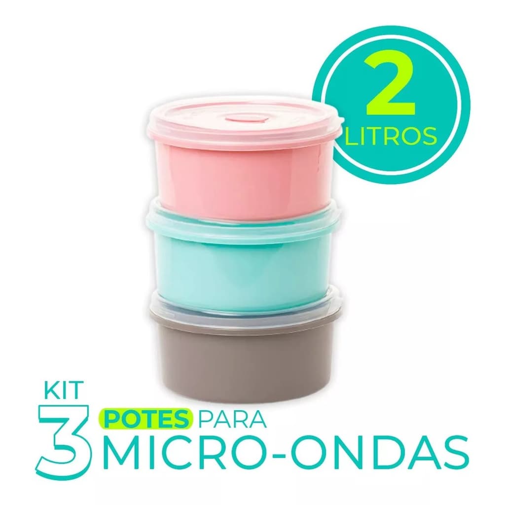 Kit 3 Potes Micro-Ondas Redondo Tampa 2 Litros Plasvale