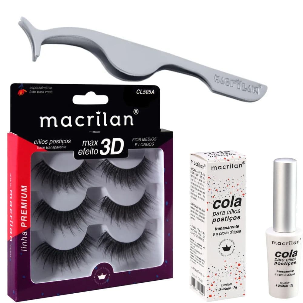 Kit Cílios Max 3D + Pinça + Cola - Macrilan - CA-001 + CL505A + PI-11