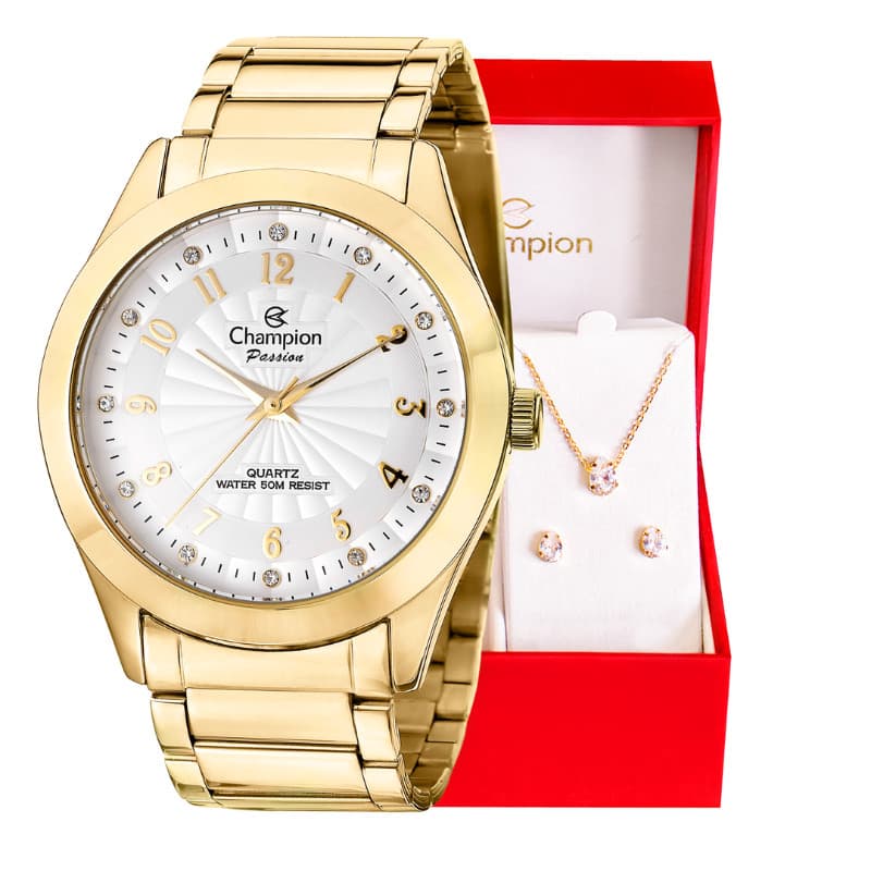 Relógio Feminino Champion Dourado com Strass CN29409D + Conjunto colar  e brinco Relógio Femino Luxo