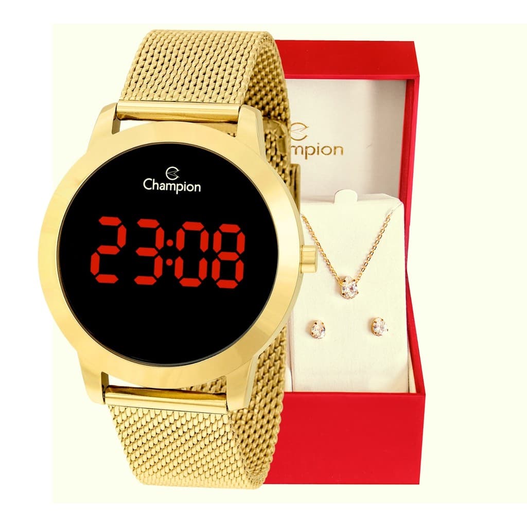 Relógio Analógico Feminino Dourado Digital Led Vermelho CH40106H Conjunto Colar e Brinco Feminino