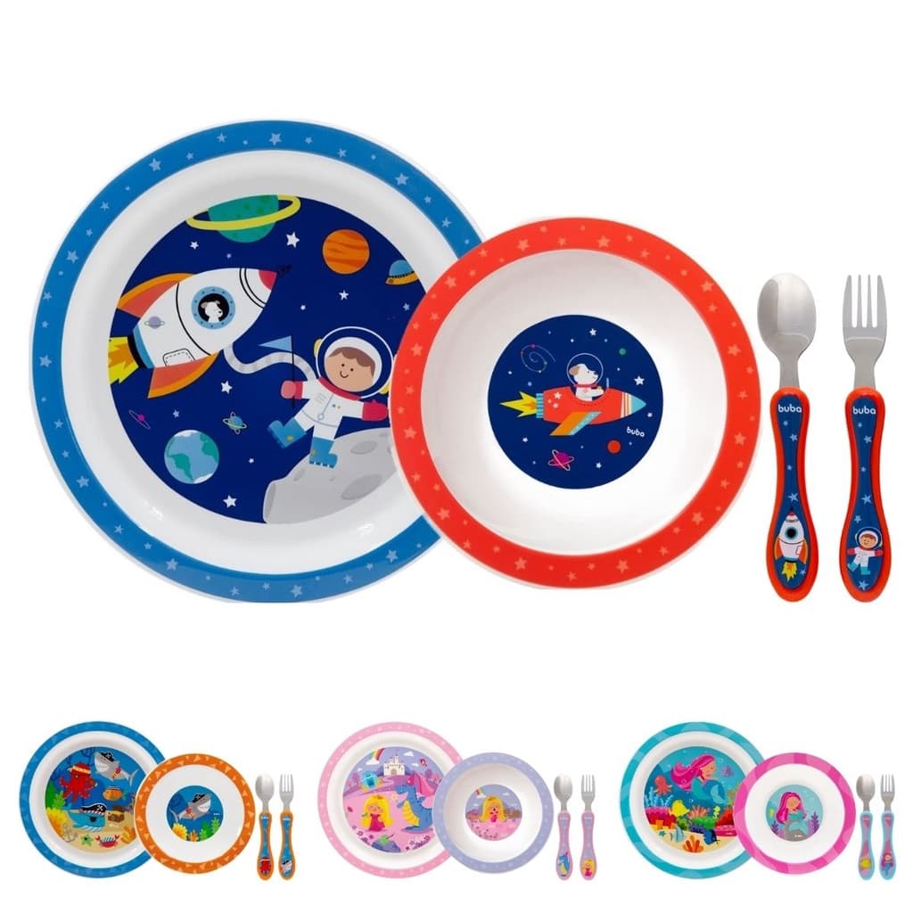 Kit Refeição Infantil 3 Peças Prato, Bowl e Kit Talher Inox Buba Aventuras