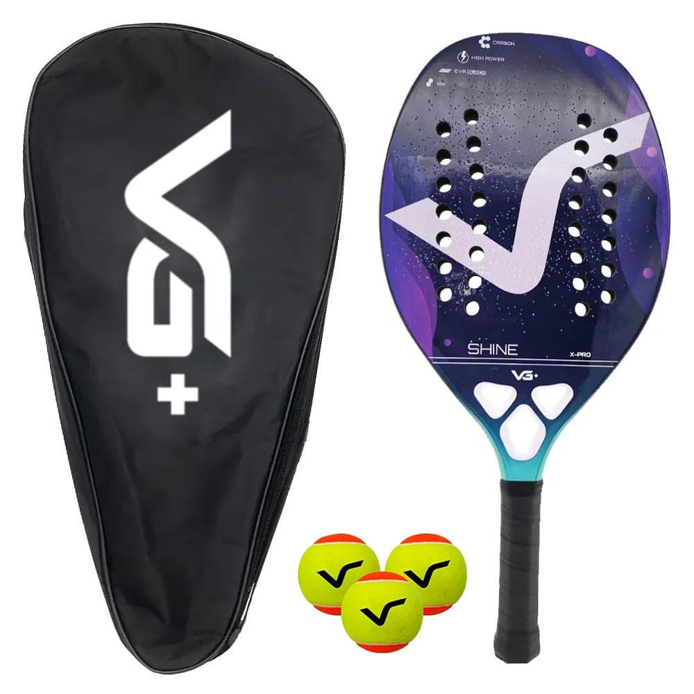 Kit com Raquete de Beach Tennis Shine 12 K Carbon com 3 Bolas e Bolsa de Transporte VG Plus
