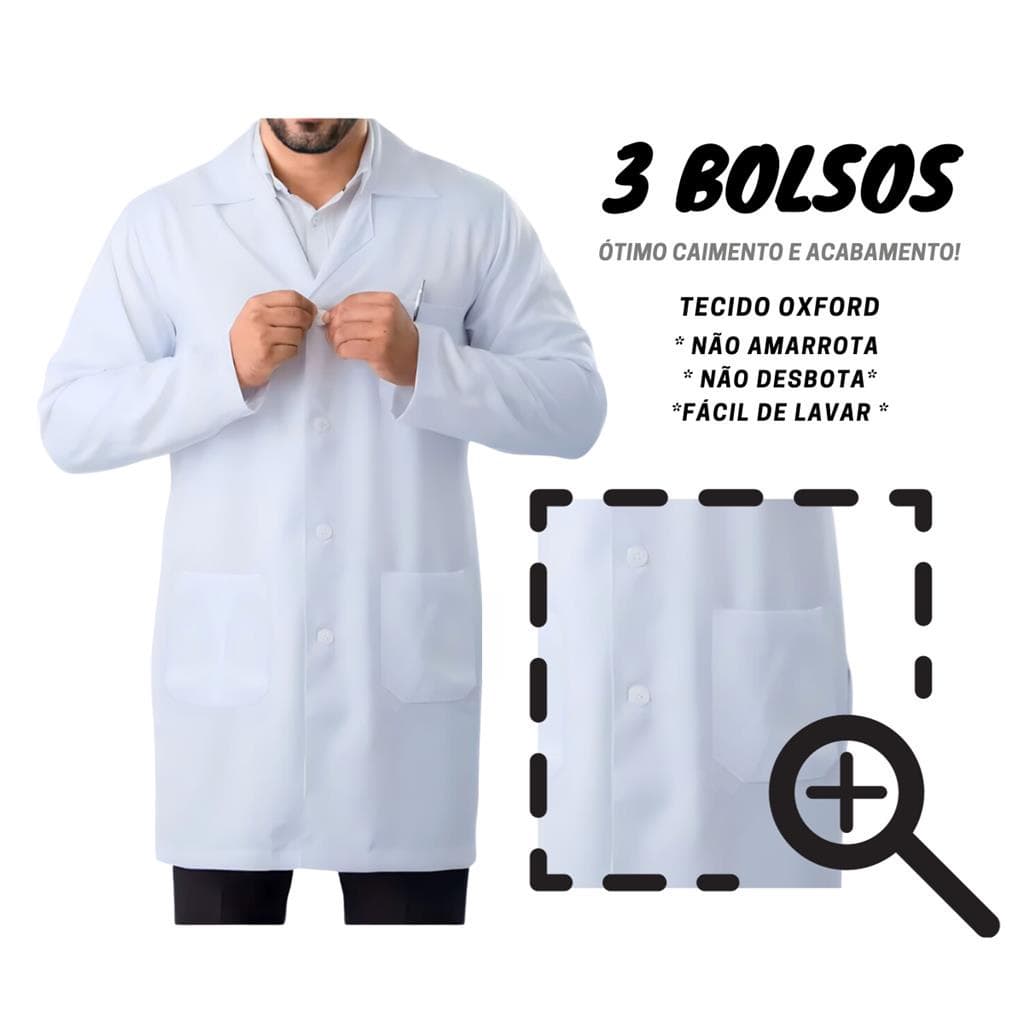 JALECO ML Masculino Manga Longa Em Oxford Branco Preto Medicina enfermagem