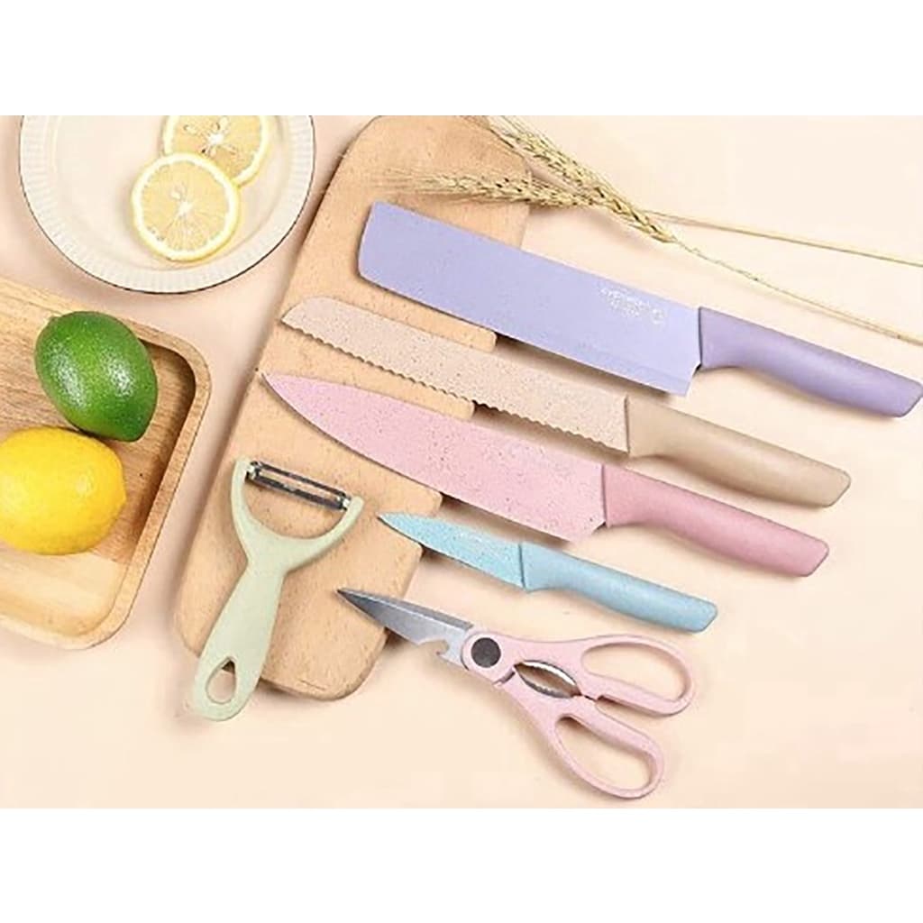 Kit Facas de Cozinha em Aço Inox Colorida Com Tesoura e Descascador de Legumes 6 Pçs P.HQ