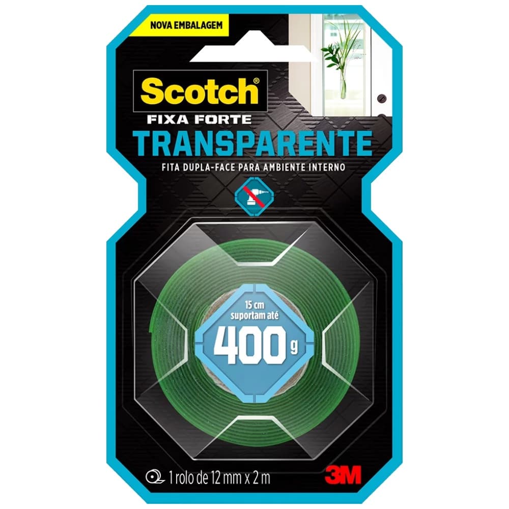 Fita Dupla Face 3M Transparente Fixa Forte 400g 12mm x 2m
