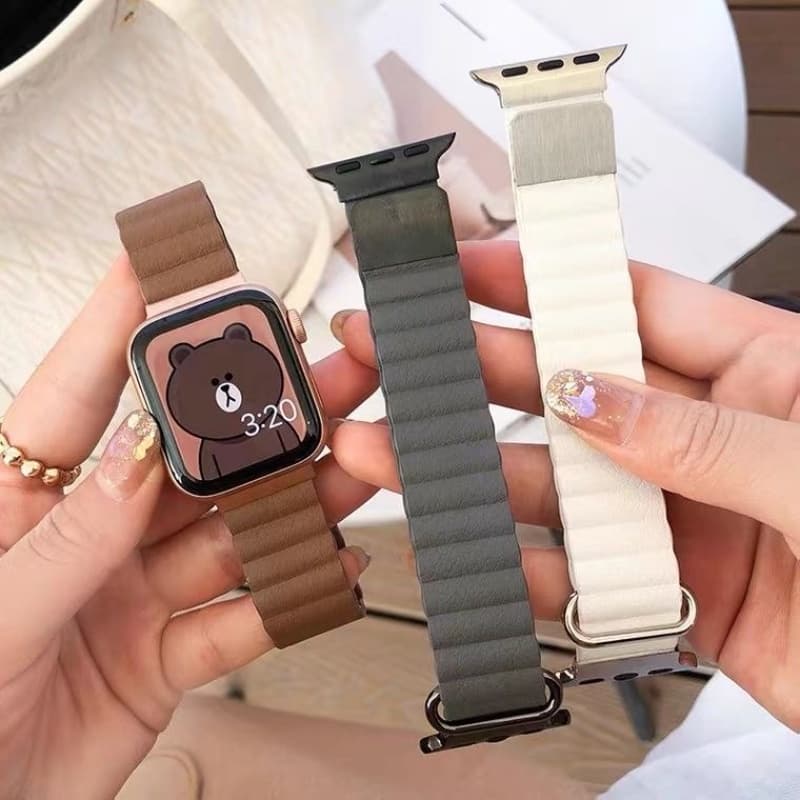 Pulseira De Couro Para Relógio Apple 45mm 41mm 40mm 44mm 49mm IWatch Série 9 8 Ultra 3 SE 6 7 Lychee Pattern Banda Magnética