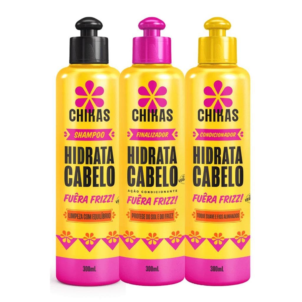 Shampoo Condicionador e Finalizador 300ml Chikas Hidrata Cabelo Trata Cabelos Danificados, Quebradiços, Frizz