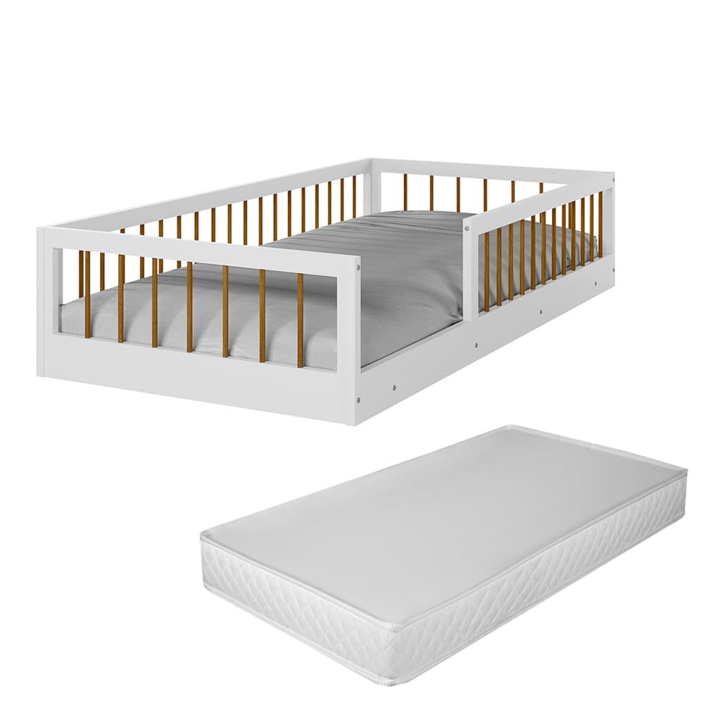 Cama Montessoriana Infantil com Colchão Incluso Grade de Proteção Madeira Branca Menino ou Menina
