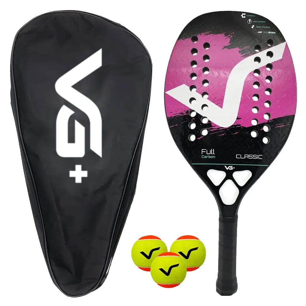 Kit Raquete de Beach Tennis Classic Full Carbon Rosa com 3 Bolas e Bolsa de Transporte VG Plus