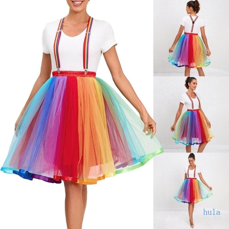 Women Saia Tule Arco-Íris Camadas Colorida Pregueada