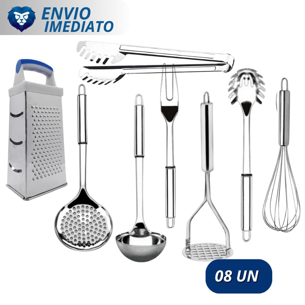 Kit 8 Utensílios em INOX Pegador Massa Ralador Fuê Amassador Pegador Massa Concha Garfo Escumadeira
