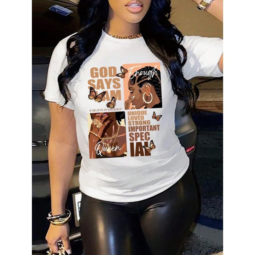 CAMISETA FEMININA RETRÔ AFRO GOSPEL "DEUS DIZ QUE SOU O SUFICIENTE, ÚNICA, AMADA, FORTE, IMPORTANTE,