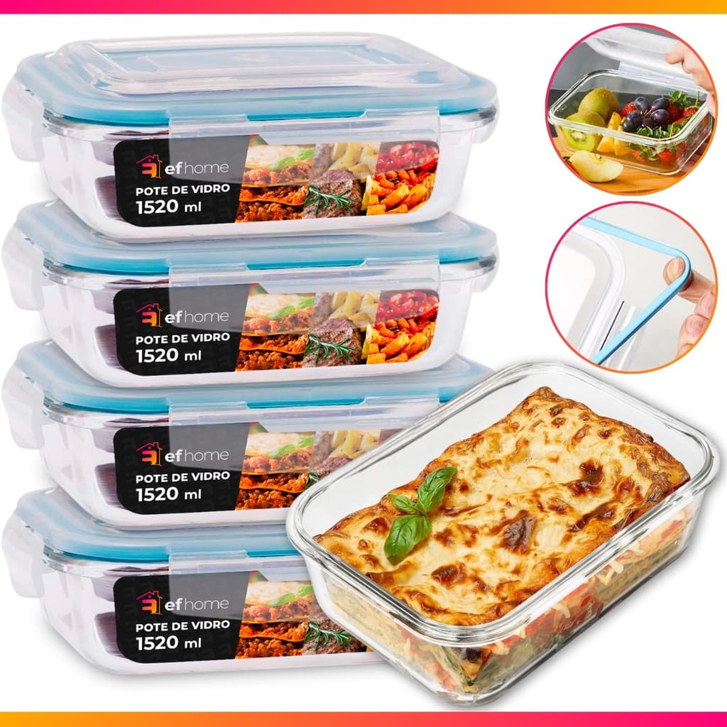 5 Pote 1520ml Vidro Forno Microondas Tampa Hermetica Forte