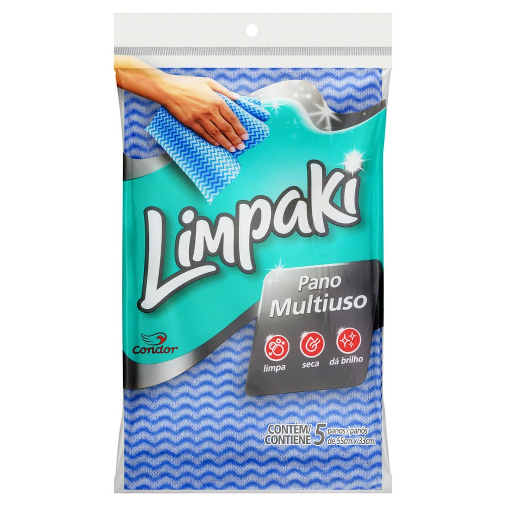 Condor - Pano Multiuso Limpaki -5 Unidades - Limpeza Pesada com Leveza, Não Solta Fiapos e Dá Brilho