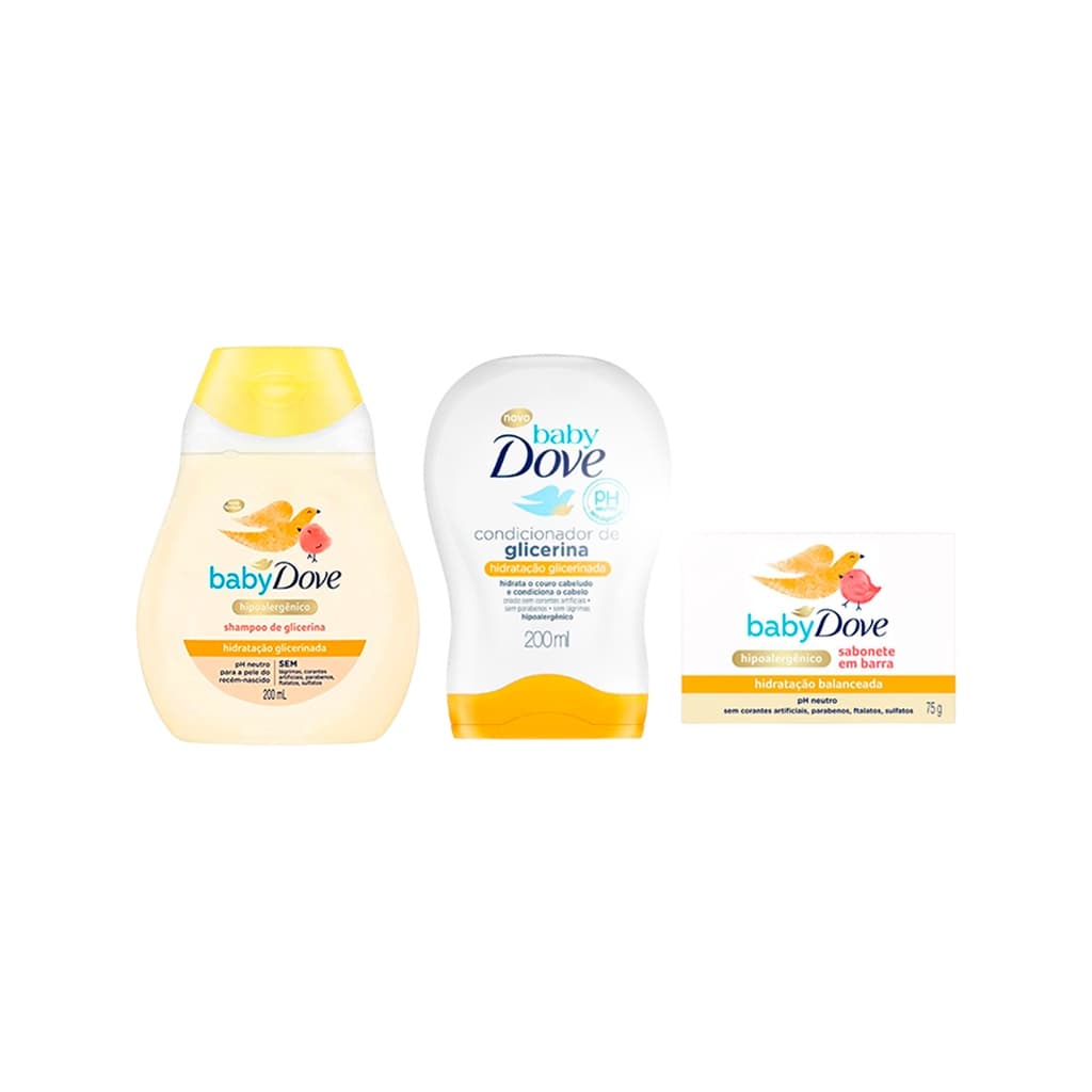 Dove Baby Kit 3un - 1un Shampoo + 1un Condicionador + 1un Sabonete Barra - Hidratação Gicerinada