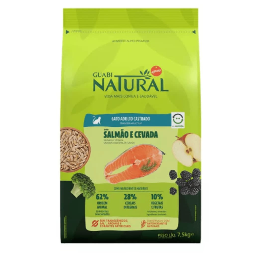 Ração Guabi Natural para Gatos Adultos Castrados Sabor Salmão e Cevada - 7,5KG