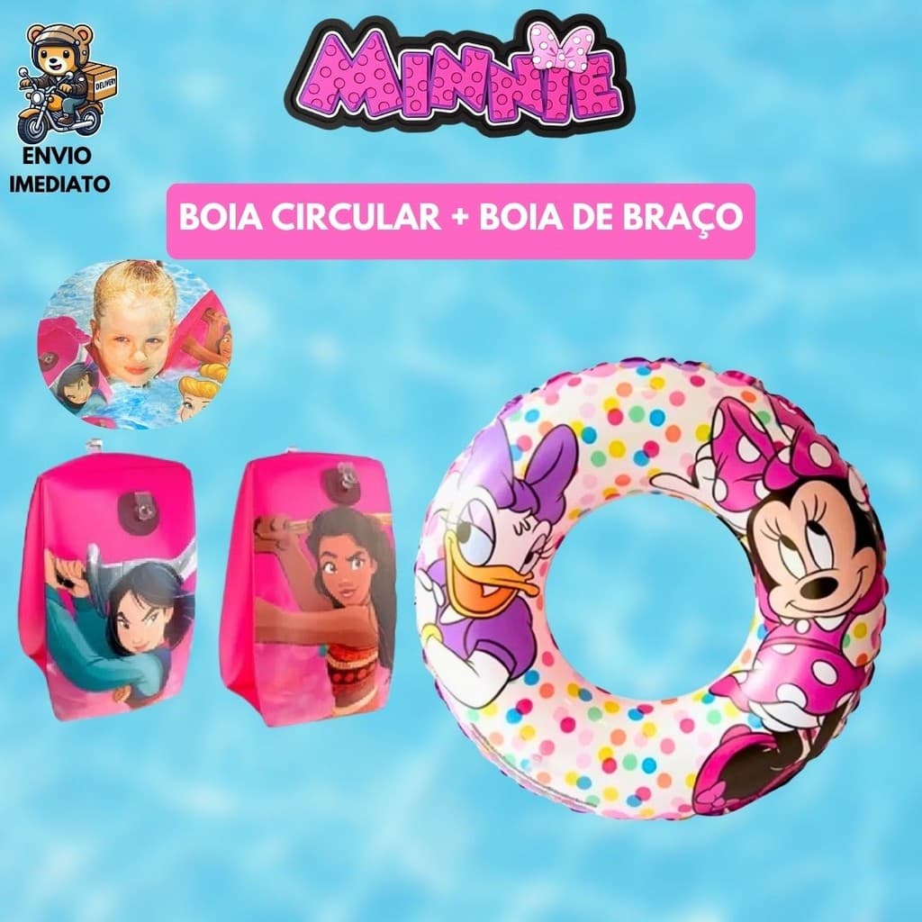Boia Infantil De Braço E Circular Princesas Disney Minnie Inflável Praia Piscina Menina