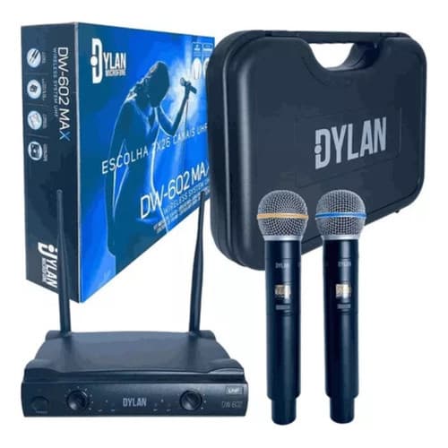 Microfone Sem Fio Duplo Uhf Dylan Dw-602 Max Dinâmico Preto