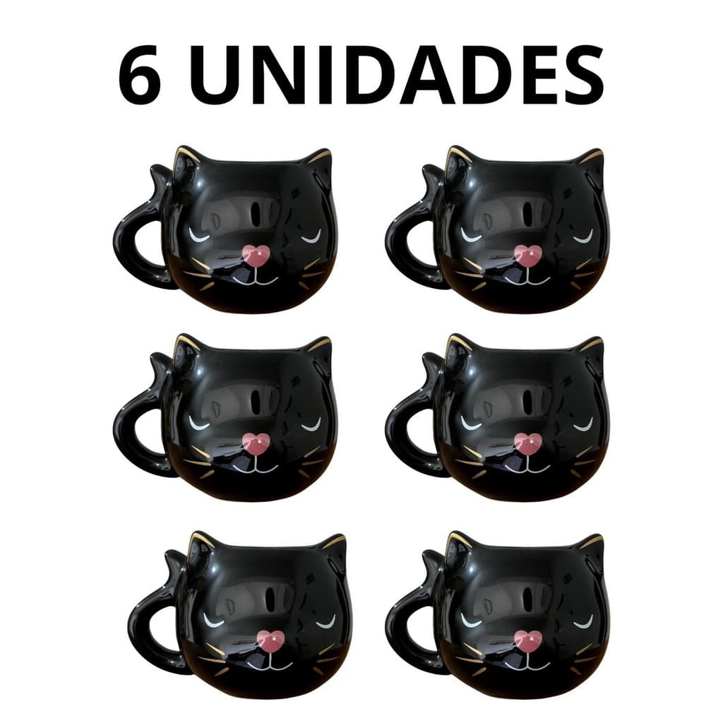 Combo 6 Canecas 3D Gato Preto Personalizadas Gatinho Presente Decoração Xicara Cerâmica Pet