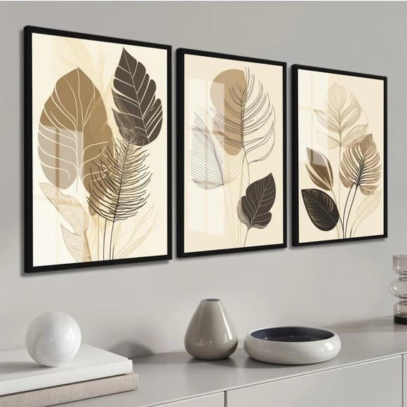 Quadros Decorativos 3 Peças Mosaico Trio Folhagem Folhas Neutro Moderno