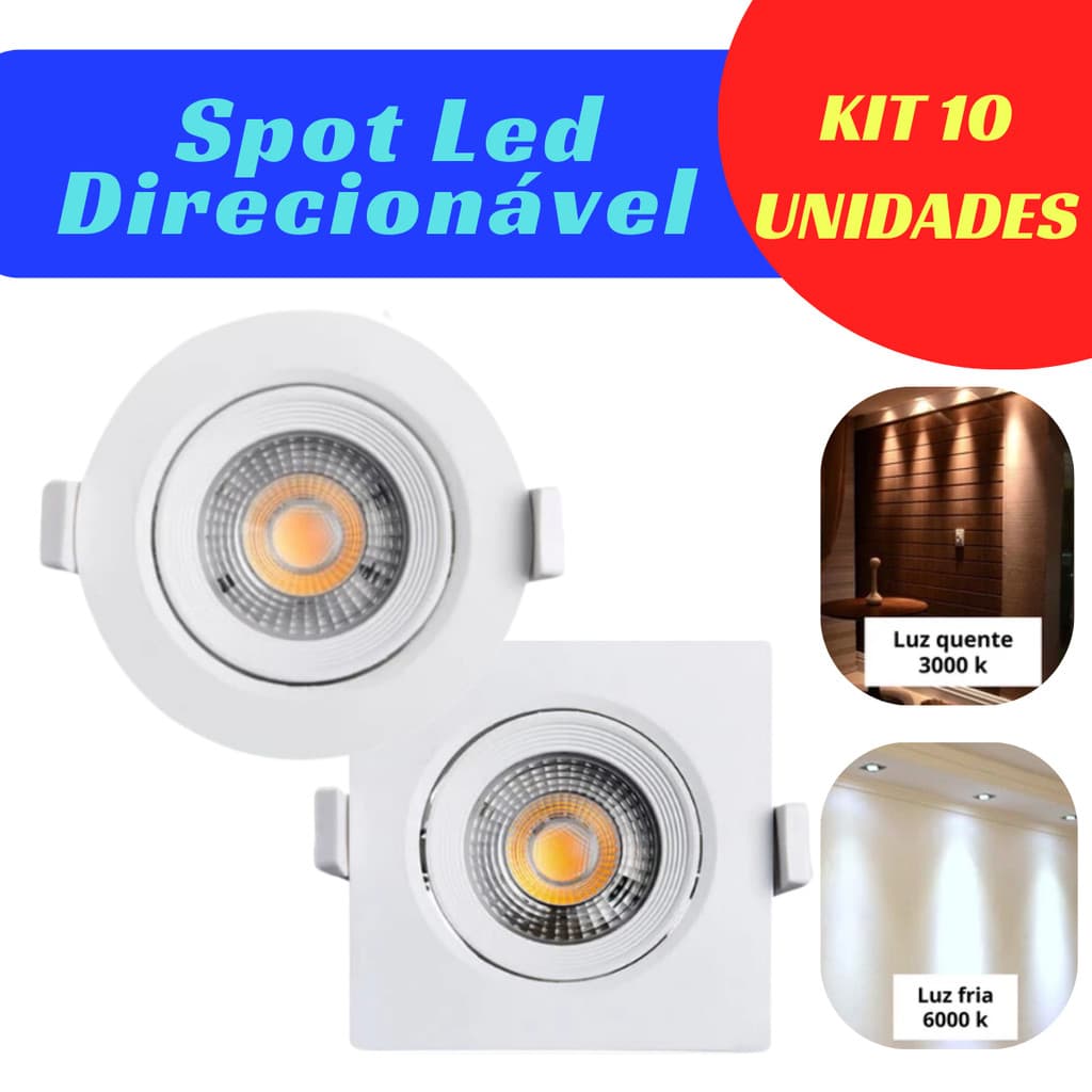 Kit 10 Spot Led Econômico 5W/7W Embutir Direcionável Branco Frio Quente 3000K 6000K Quadrado Redondo