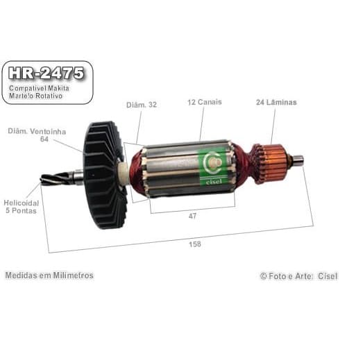 Induzido compatível Makita HR-2475 - Martelo Rotativo - Eixo: 158 mm