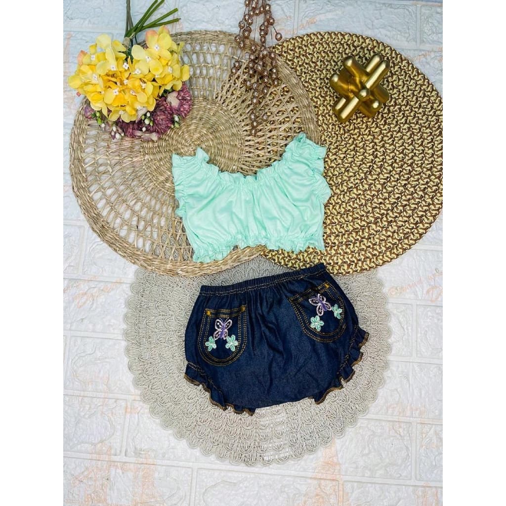 Top e Shorts Jeans para Bebê Cropped e Tapa Fralda Jeans