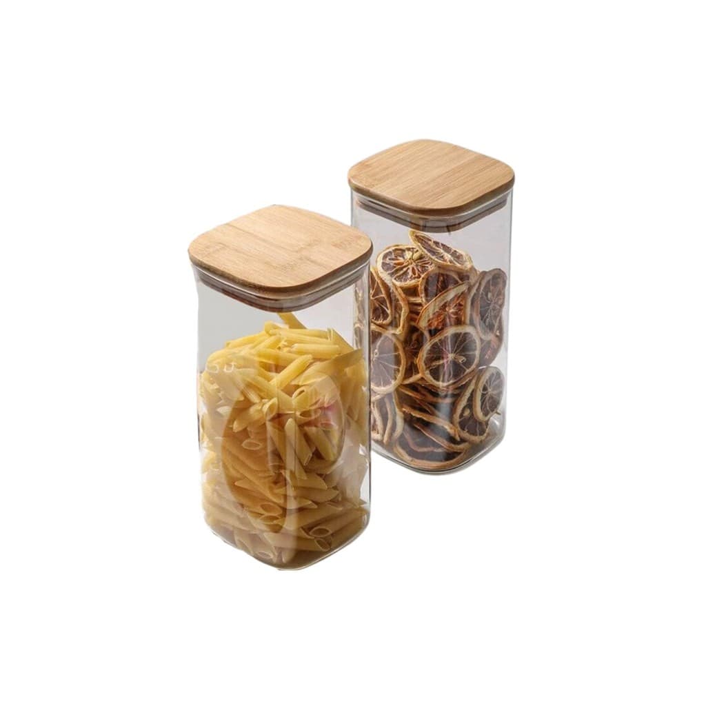 Kit 2 Pote De Vidro C/ Tampa De Bambu Quadrado Hermético 1350ml Para Mantimentos Design Sofisticado