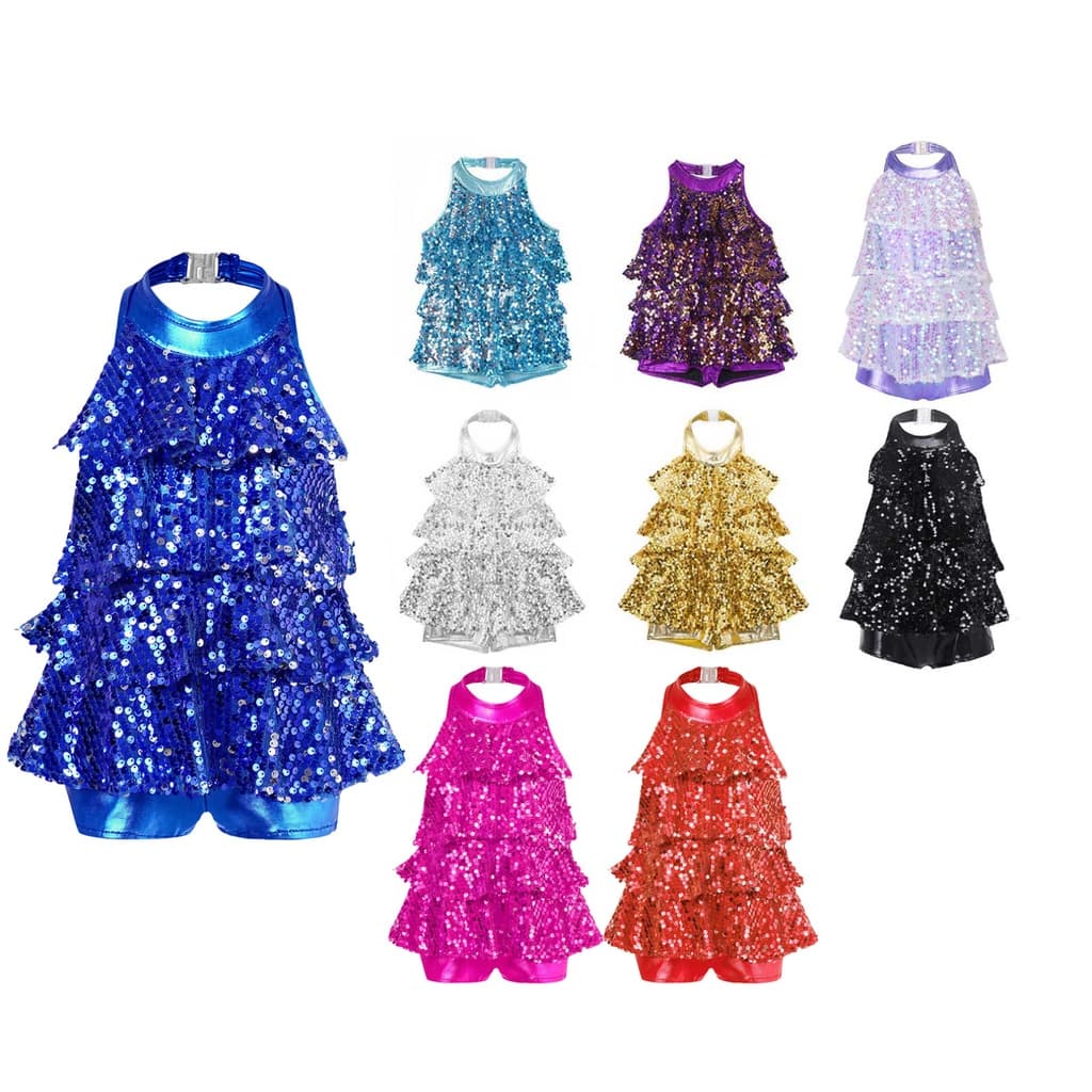 Crianças Meninas Halter Lantejoulas Brilhantes Ballet Dança Shorty Unitard Vestido Moderno Jazz Trajes De Latina