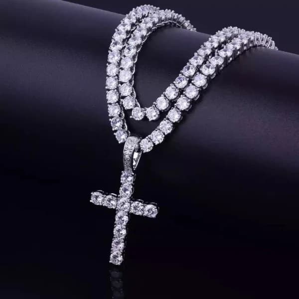 Colar Masculino Alto Brilho Ice Chain Riviera  60cm c/ Pingente Cruz Premium com Diamante Zirconia