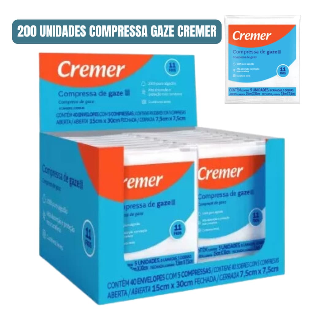 Compressa Gaze Cremer 200 Unidades 11 Fios Kit Display Com 40 Pacotes De 5un