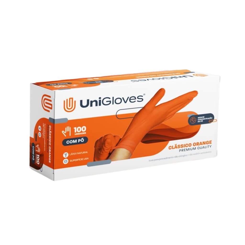 LUVA UNIGLOVES PROCEDIMENTO LATEX COM PO CLASSICO LARANJA 100UN