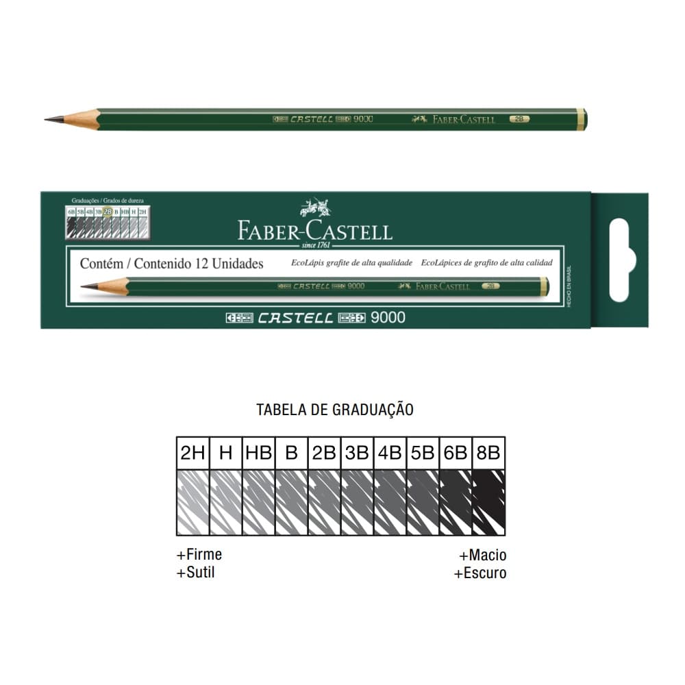Caixa com 12 Lápis Técnico Castell 9000 2H H HB B 2B 3B 4B 5B 6B 8B