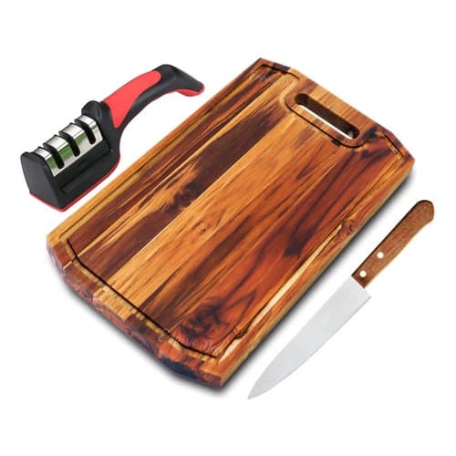 Kit Tábua Faca E Afiador 3 Niveis Corte Churrasco Madeira teca