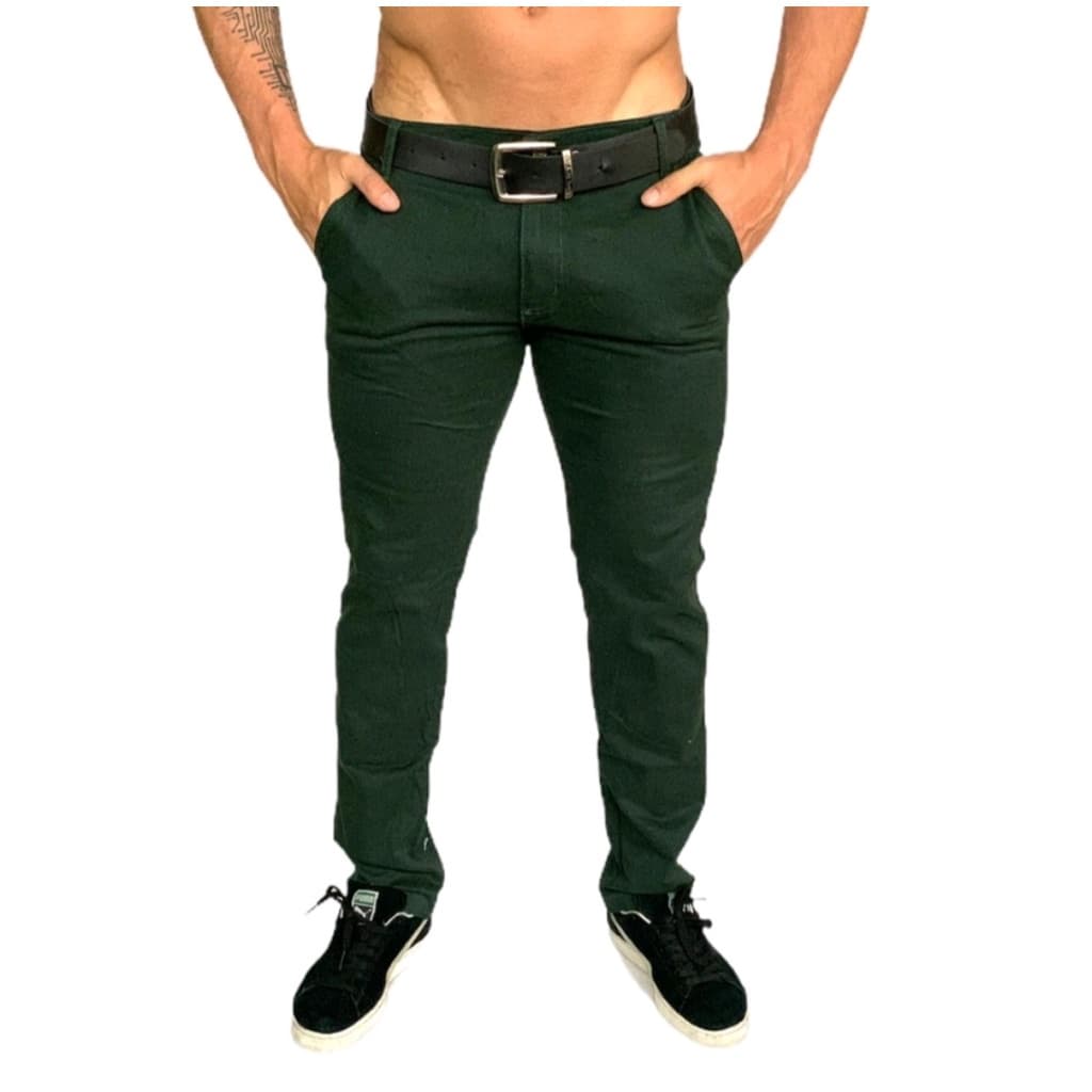 Calça Masculina verde musgo Slim Fit Skinny em Sarja