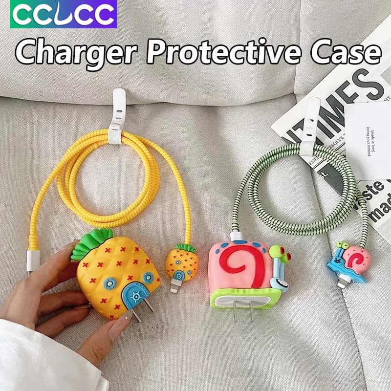 CCLCC Capa Protetora Do Carregador De Desenhos Animados Para O Original iPhone De 18W/20W , Envoltório Cabo + Cabeçote De Carregamento De Silicone Macio + Conjunto De Proteção Rápido Organizador De Cabos