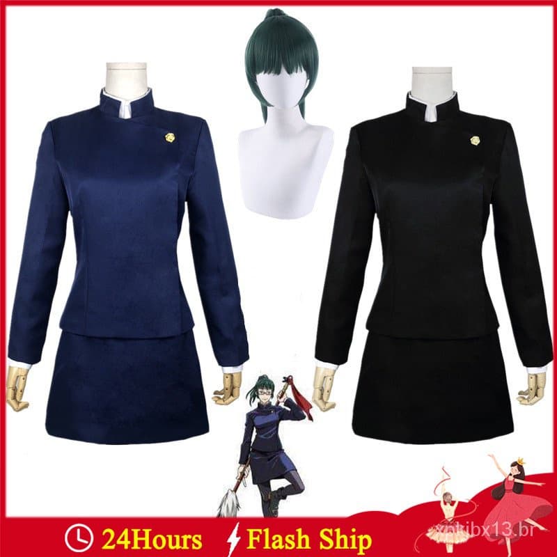 Anime Jujutsu Kaisen Zenin Maki Cosplay Trajes Halloween Festa Uniforme Mulher Peruca Vestido Óculos Conjunto BLHT