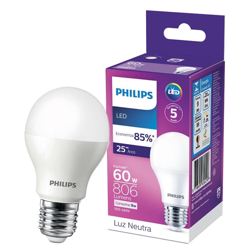 Lampada Led Bulbo A60 9W 4000K 806Lm 180° Bivolt E27 Philips