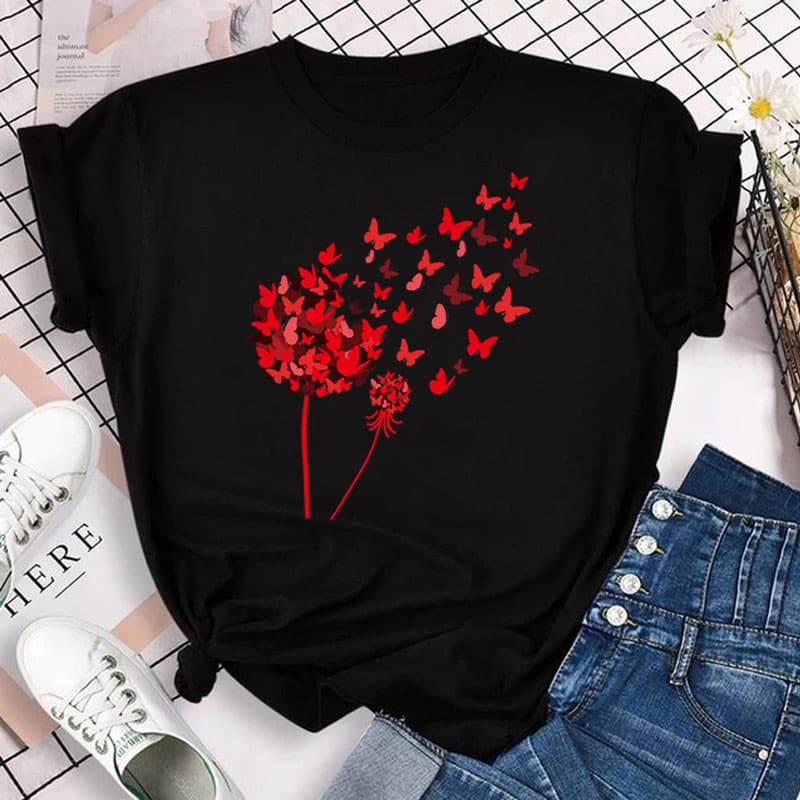 Baby Look Camiseta Feminina Estampada Flor Dente de Leão e Borboletas Blusinha Confortável Envio Imediato