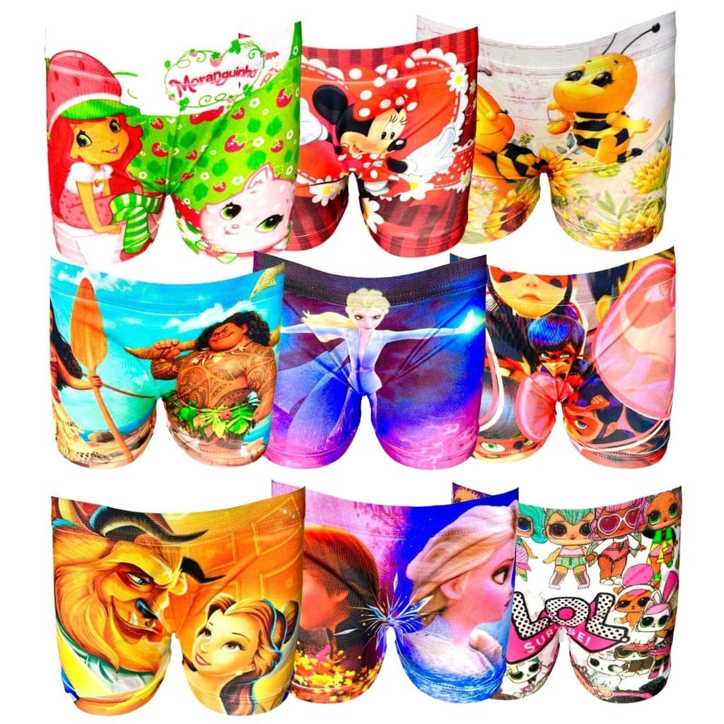 Kit 10 Calcinha Shortinho Infantil Feminina Boxer Menina Personagens Princesas Sublimada