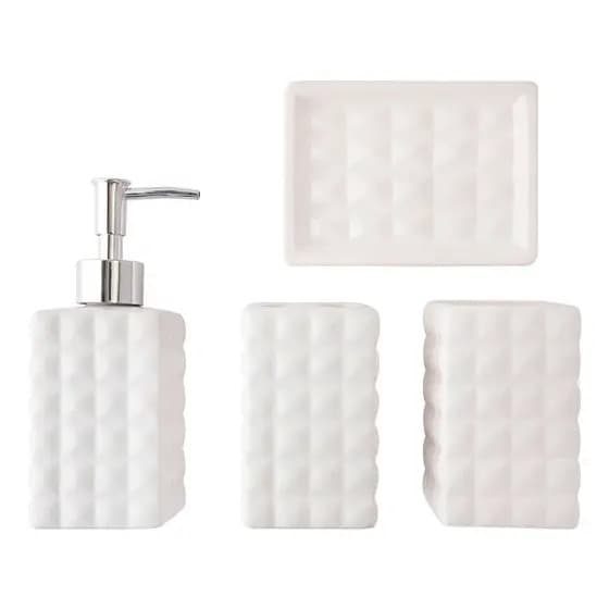 Conjunto Kit Pia Banheiro Lavabo 4 Peças | Cerâmica Quadrado Preto ou Branco Porta escova de dente Sabonete líquido