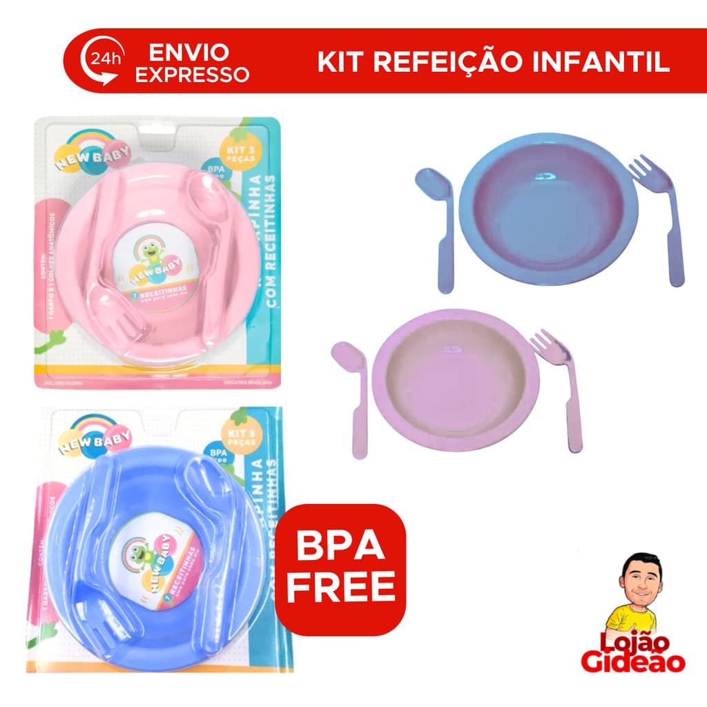 Kit 3 Peças Papinha Bebê Rosa Azul Com Prato Colher Infantil De Plástico