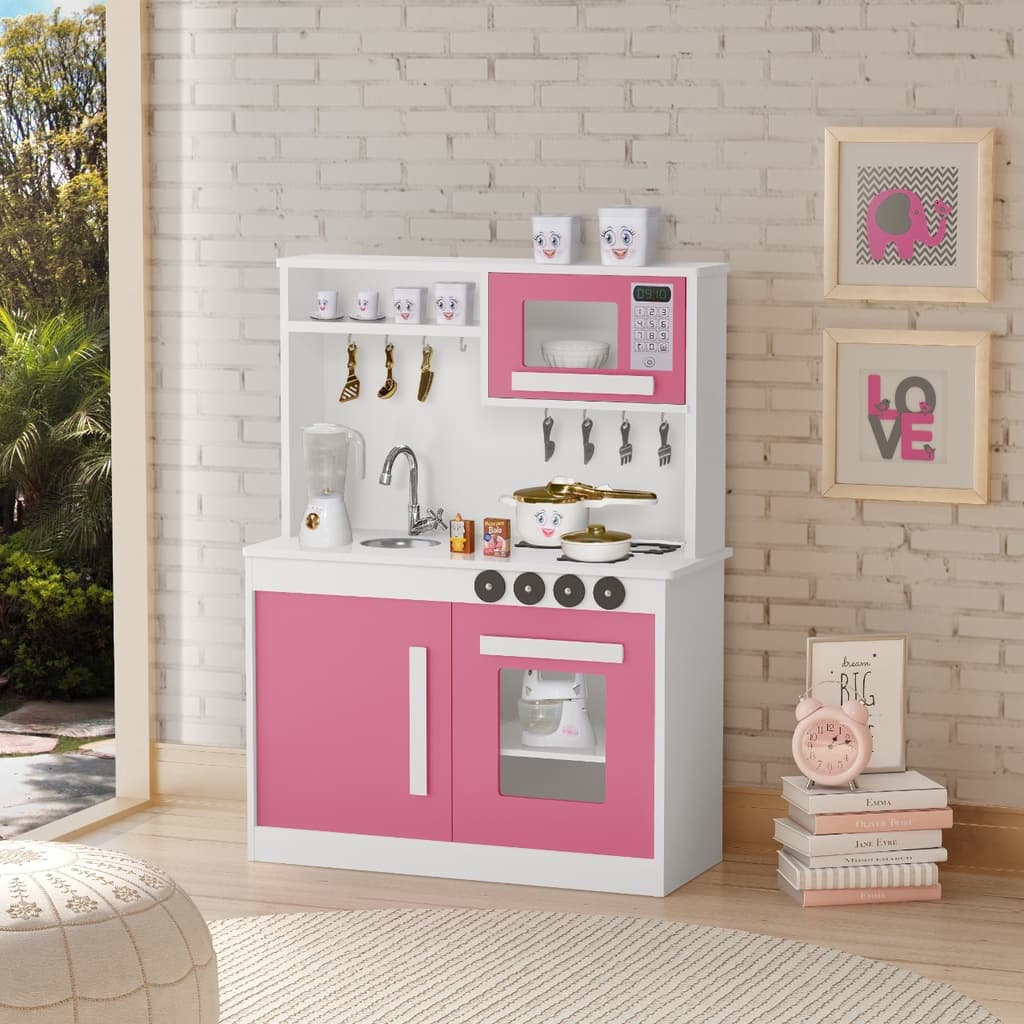 Cozinha Infantil de Madeira MDF/MDP Rosa – Com Portas, Pia e Cooktop 3 Bocas